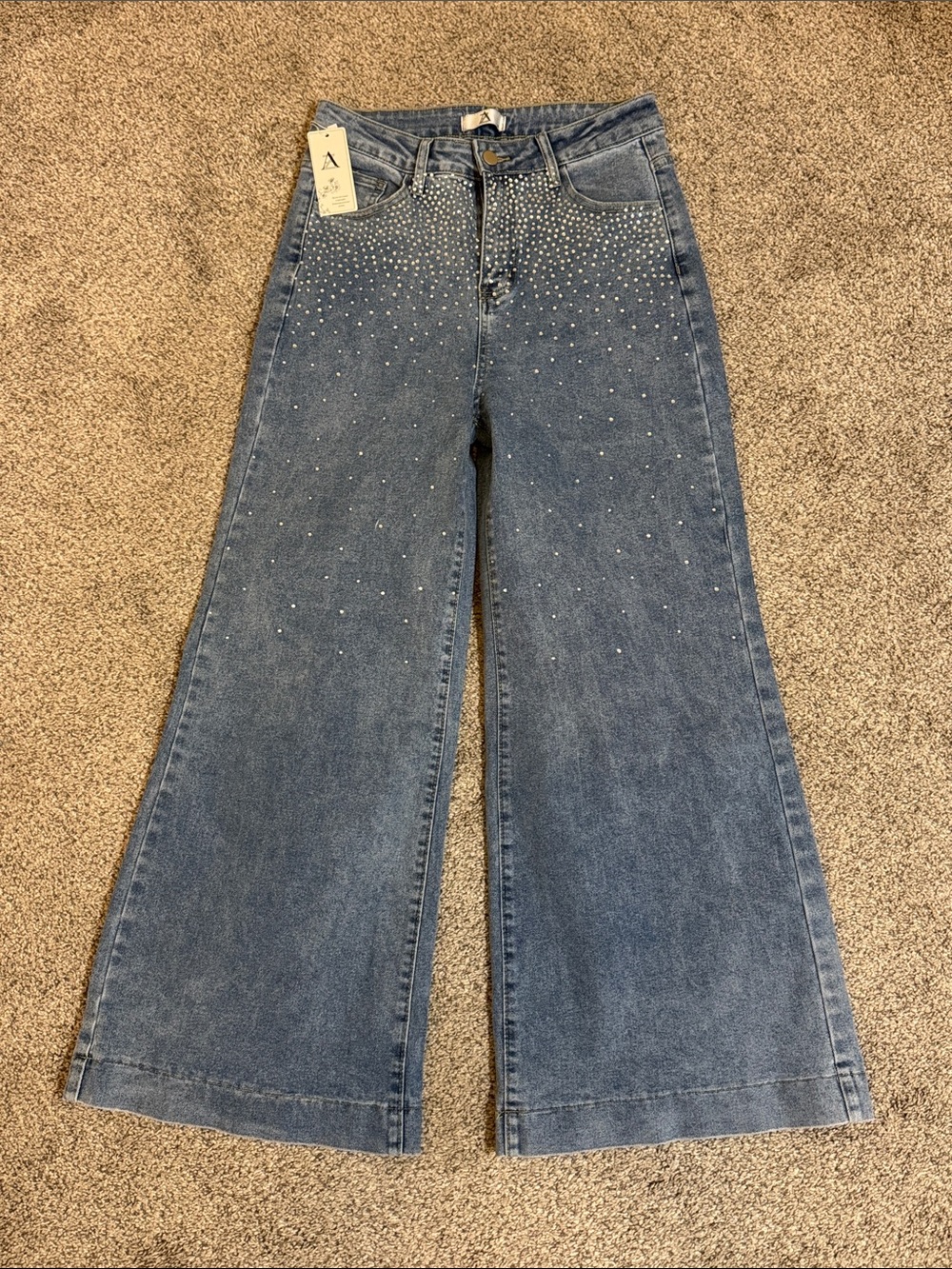 Wide-Leg Denim Jeans with Rhinestones